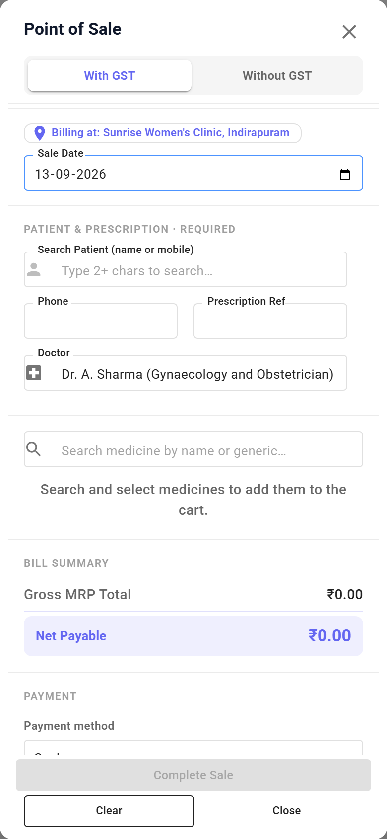 Clinician's pharmacy point of sale open full-screen on a phone