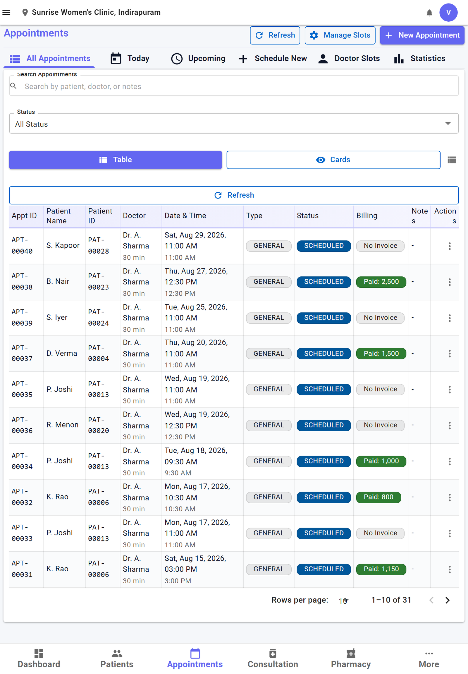 Clinician's appointments list open on a tablet